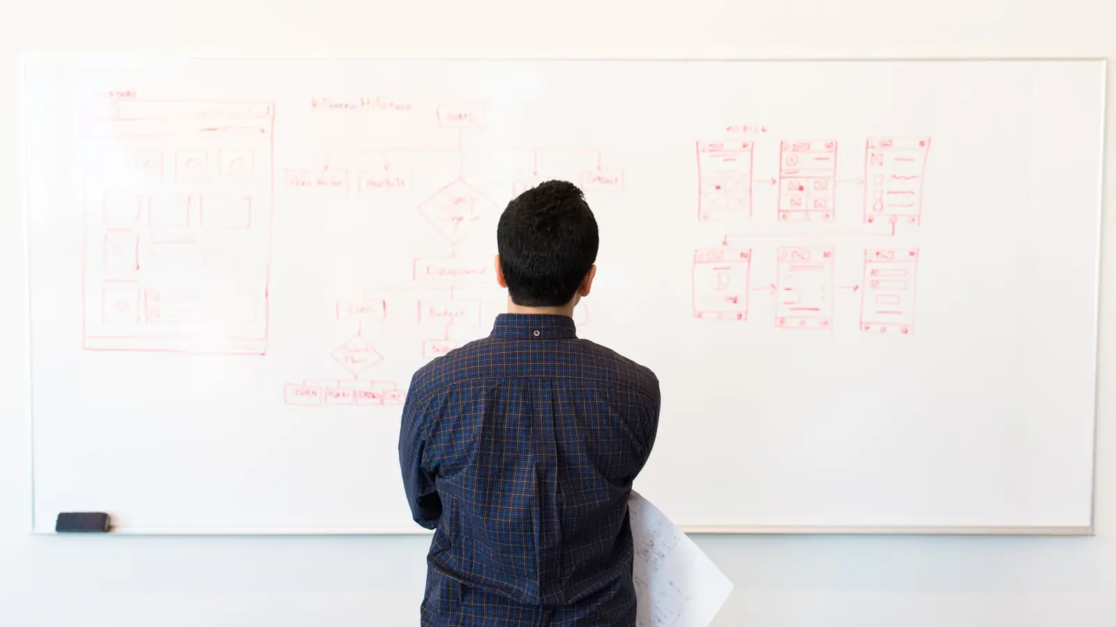 An engineer studying a system diagram drawn on a whiteboard