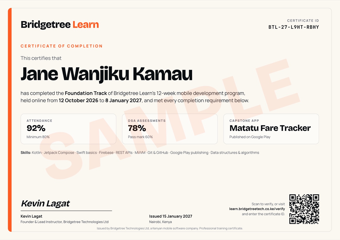 Sample Bridgetree Learn certificate of completion showing attendance, DSA score, a published capstone app, a certificate ID and a QR code